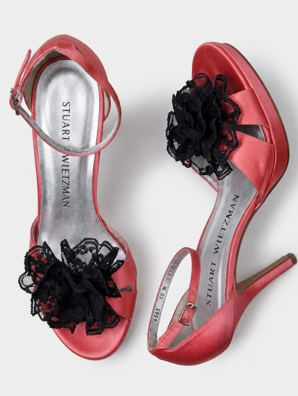 Stuart Weitzman Coral Slingback Heels with Black Lace Rosette